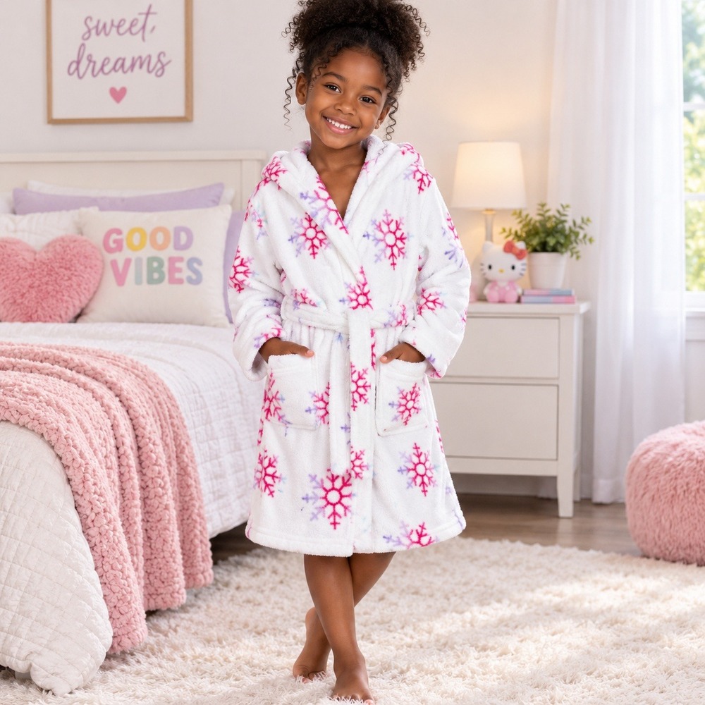 Cat & Jack Robe Girls Size M 7/8 White Pink Snowflake Hooded Fleece Plush Belted
